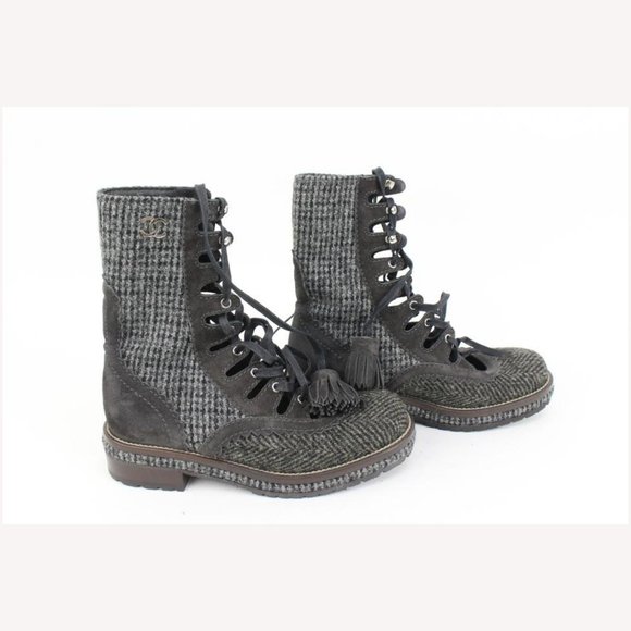 Chanel Size 36 CC Logo Tweed Combat Boots 40cz413s - Picture 6 of 12